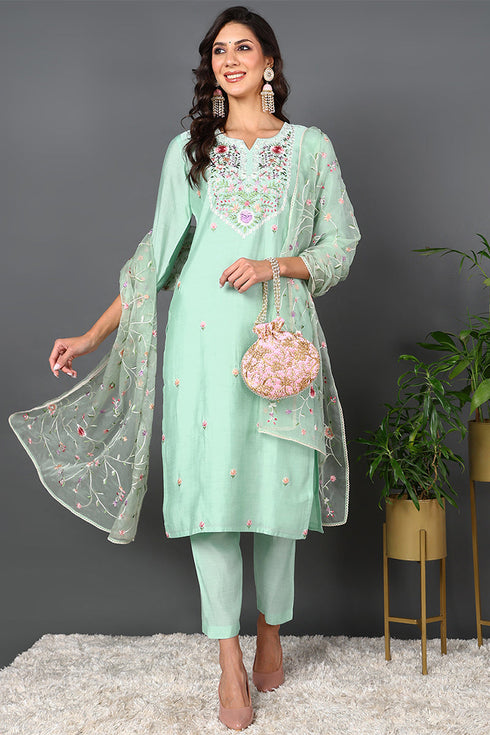 Plus Size Green Silk Blend Solid Embroidered Straight Style Suit Set